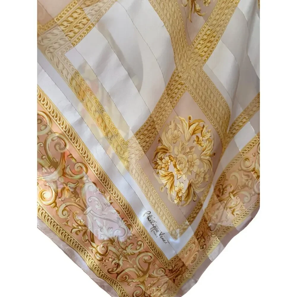 Vintage Philippe Venet Paris Silk Scarf 1980s Gold Baroque Scroll Floral 35